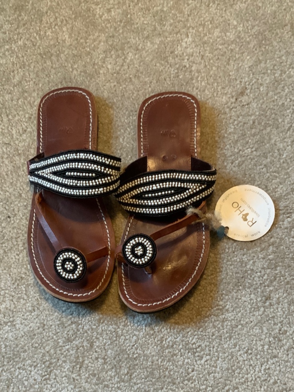 Roho Brown Leather Beaded Slide Sandals with Black & White Accents